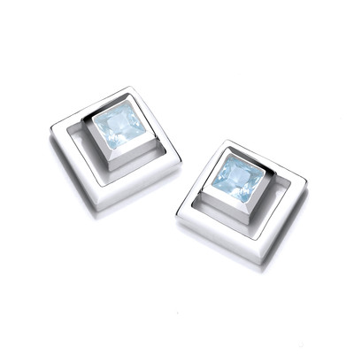 Silver & Aqua Cubic Zirconia Squares Earrings