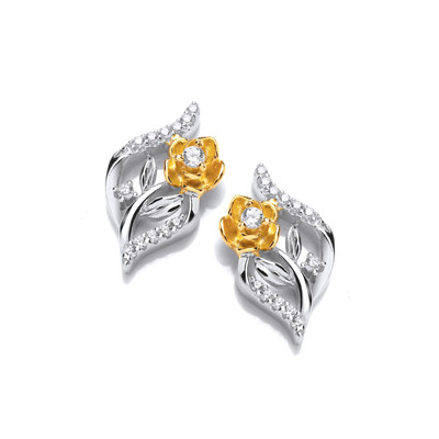 Silver & Cubic Zirconia Golden Rose Earrings