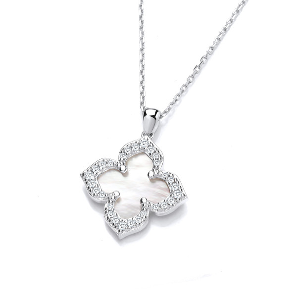 Silver & White Mother of Pearl Vintage Style Clover Necklace