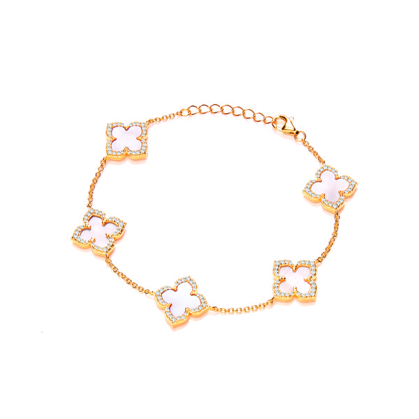 Silver, Gold & Pink Mother of Pearl Vintage Style Clover Bracelet