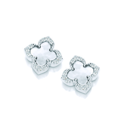 Silver & White Mother of Pearl Vintage Style Clover Earrings
