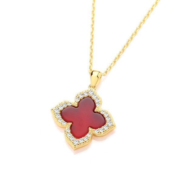 Silver, Gold & Red Mother of Pearl Vintage Style Clover Necklace
