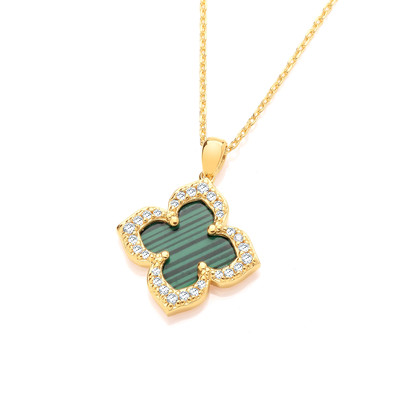 Silver, Gold & Formed Malachite Vintage Style Clover Necklace
