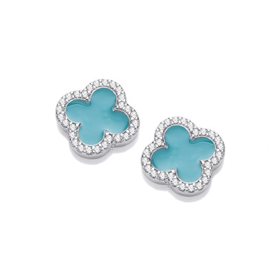 Silver & Turquoise Enamel Modern Vintage Clover Earrings