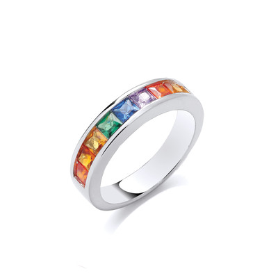 Silver & Rainbow Cubic Zirconia Half Band Ring