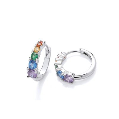 Graduated Silver & Rainbow Cubic Zirconia Huggie Earrings