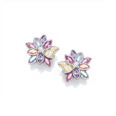 Silver & Pastel Rainbow Cubic Zirconia Flower Earrings