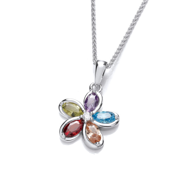 Silver & Rainbow Colours Cubic Zirconia Flower Pendant without Chain