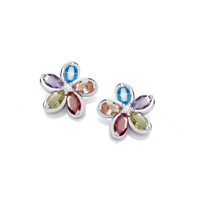 Silver & Rainbow Colours Cubic Zirconia Flower Earrings