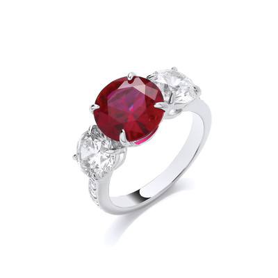 Silver & Ruby Cubic Zirconia Trilogy Ring