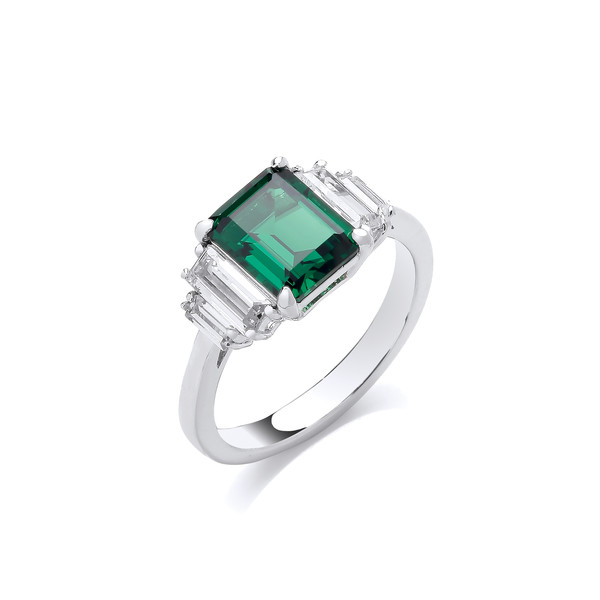 Silver and Emerald Cubic Zirconia Deco Style Cocktail Ring