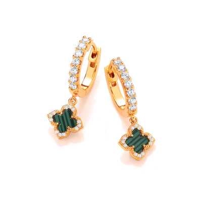 Silver, Gold & Formed Malachite Clover Leaf Huggie Earrings