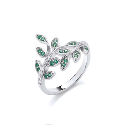 Silver & Emerald Cubic Zirconia Leaves Ring