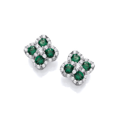 Silver & Emerald Cubic Zirconia Vintage Clover Earrings