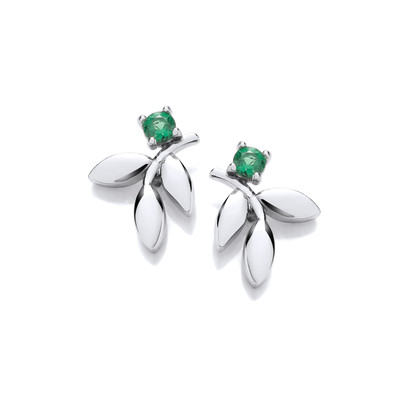 Silver & Emerald Cubic Zirconia Falling Leaf Earrings