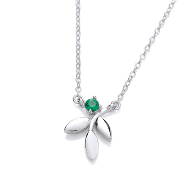 Silver & Emerald Cubic Zirconia Falling Leaf Necklace