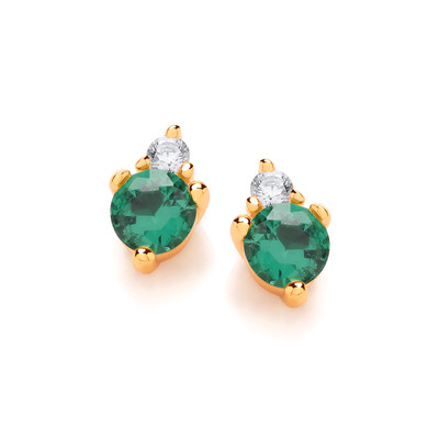 Silver, Gold & Emerald Cubic Zirconia Solitaire Stud Earrings