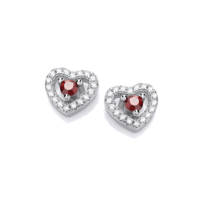 Silver & Ruby Cubic Zirconia Halo Heart Earrings