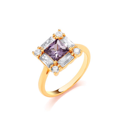 Silver, Gold & Amethyst Cubic Zirconia Deco Style Ring