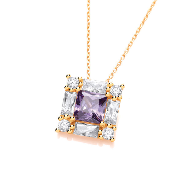 Silver, Gold & Amethyst Cubic Zirconia Deco Style Pendant without Chain