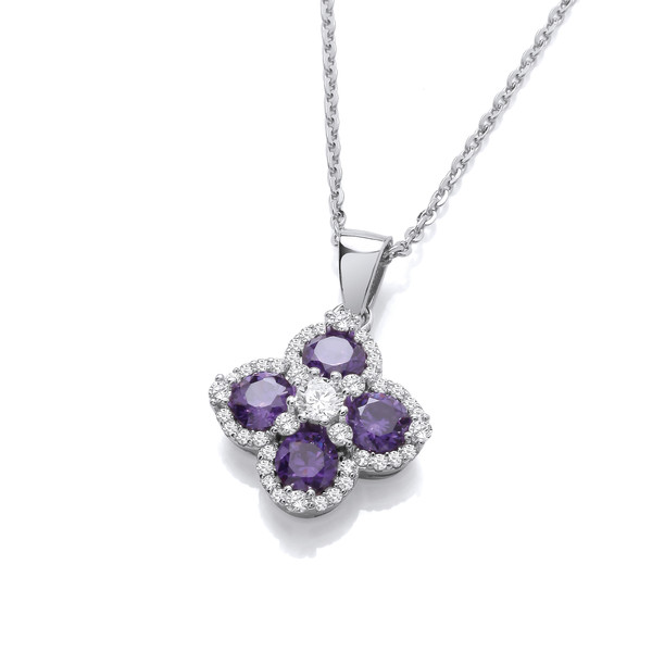 Silver & Amethyst Cubic Zirconia Vintage Clover Pendant without Chain