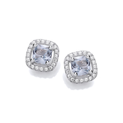 Silver & Aqua Princess Cut Cubic Zirconia Halo Earrings