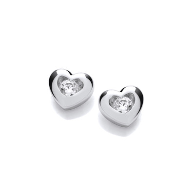 Silver & Cubic Zirconia Modern Solitaire Heart Earrings