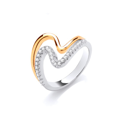 Silver, Cubic Zirconia & Gold Wave Ring