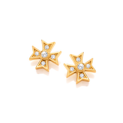 Silver, Gold & Cubic Zirconia Maltese Cross Earrings