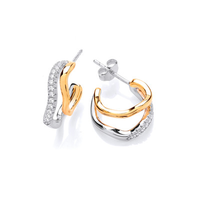 Silver, Gold & Cubic Zirconia Wave Half Hoop Earrings