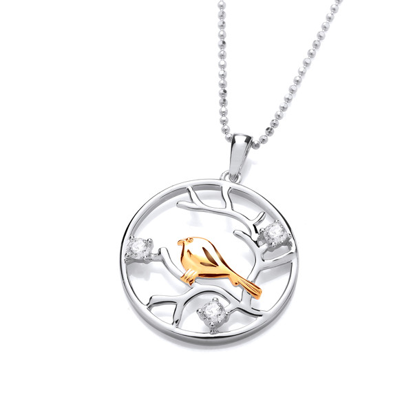 Silver, Gold & Cubic Zirconia Bird in a Tree Pendant without Chain